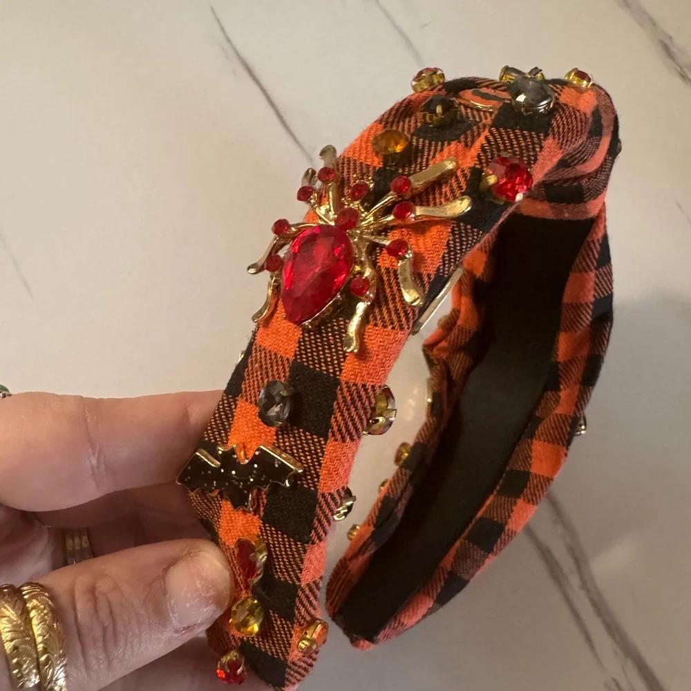 Halloween Embellished Headband Orange Plaid